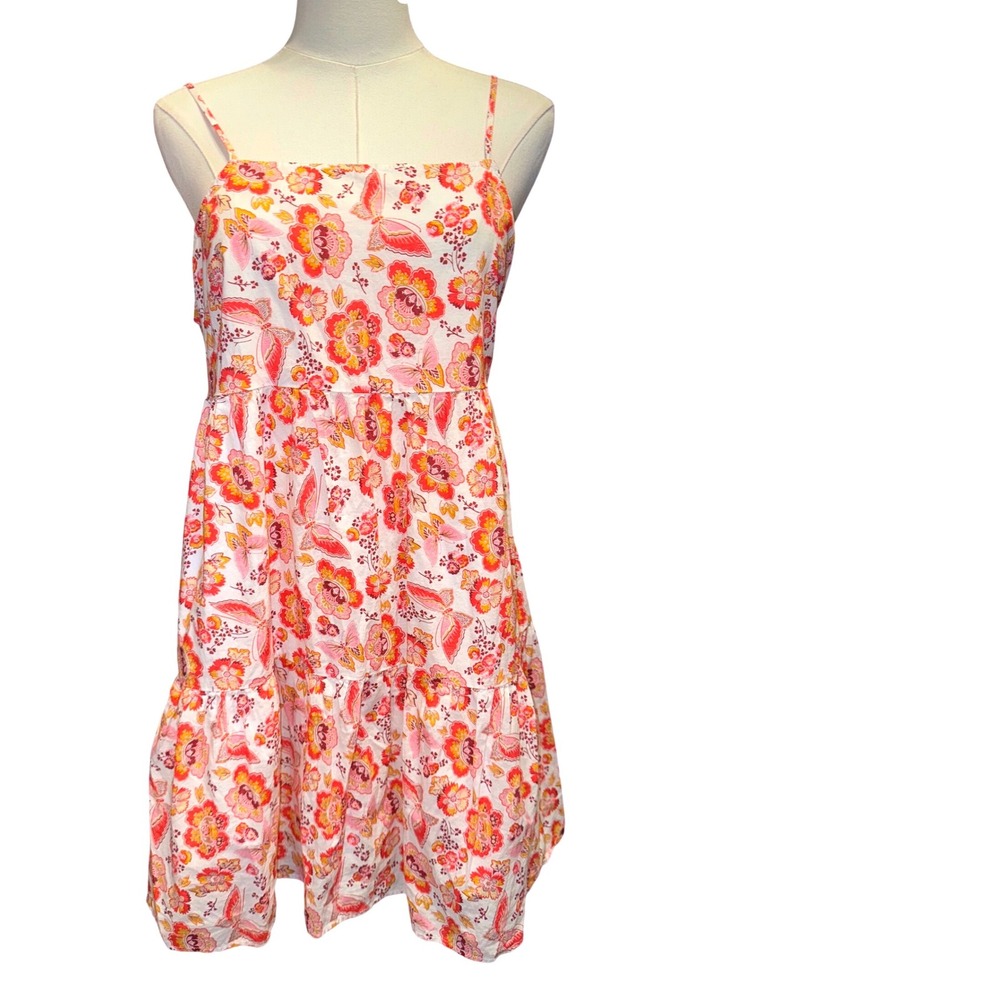 Loft Outlet Womens Floral Butterfly Tiered‎ Cotton Sundress Orange Pink Small